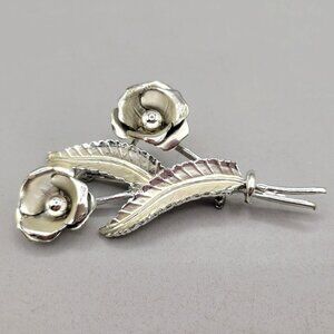 Vintage Coro Silver Tone Flower Bouquet Brooch Pin Two Long Stem Roses